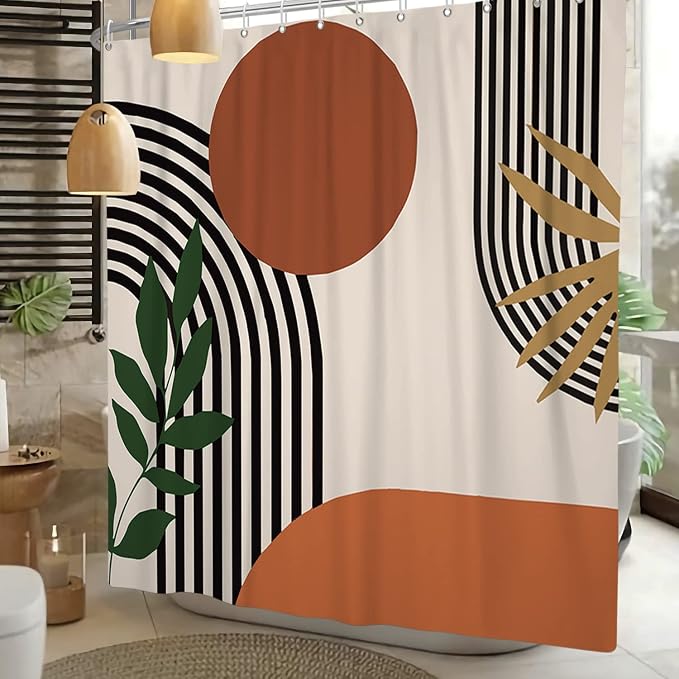 72x72 Inch Waterproof Shower Curtain in Burnt Orange Abstract Geometric Design, Modern Boho Style, Polyester Fabric,Machine Washable, Includes 12 Hooks, Bathroom Decor for Spa Look