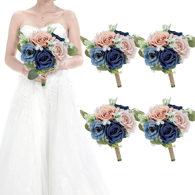 Set of 4 Bridesmaid Bouquets for Wedding - 7 Inch Artificial Flowers Bouquets for Ceremony Anniversary Centerpieces Decorations - Navy & Dusty