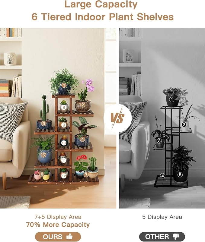 6 Tiered Wood Indoor Plant Stand for Multiple Plants ,Narrow Corner Potted Plant Shelf Holder Rack , Multi Rustic Flower Stand Shelves for Patio,Corner,Apartment,Outdoor,38.2"" Tall