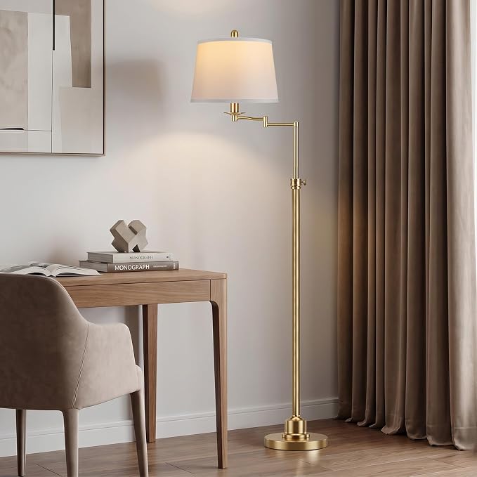 Vintage Floor Lamp for living room, Brushed Antique Brass Farmhouse Standing Lamp with 350° Swivel Swing Arm, 56.6''-66'' Mid Century Modern Height Adjustable Tall Lamp for Bedroom (LED Bulb Included)