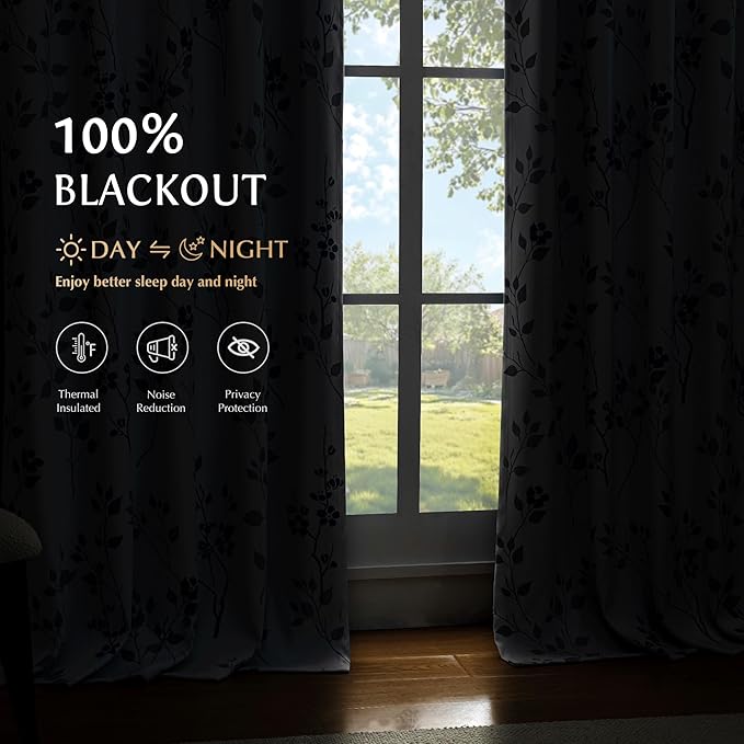 Beauoop Floral 100% Blackout Curtains 96 Inches Long 2 Panels for Bedroom Living Room Blue Grey and White Flower Patterned Room Darkening Thermal Soundproof Rod Pocket Back Tab Window Drapes, 52X96
