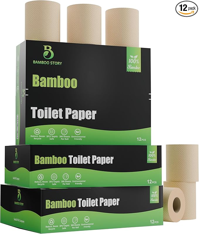 Eco Toilet Paper, 12 Rolls, 3-Ply, 300 Sheets, 100% Unbleached Bamboo, Chemical-Free, PFAS-Free, Vegan, Plastic-Free, Plant-Based Tissue, FSC Certified, Gentle, Strong & Sustainable (12)