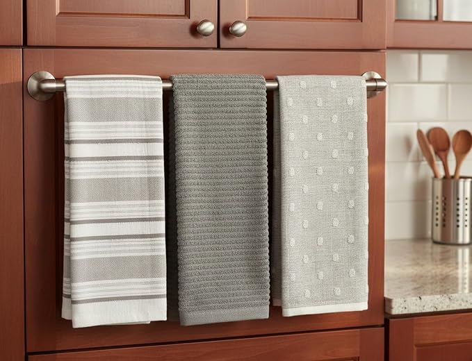 Grey White Kitchen Hand Dish Towels: Oversized 28" x 16",100% Cotton Cloth Soft Cleaning Drying Absorbent Gray Striped Solid Polka Dot Design, Set of 3 Multipurpose for Everyday Use (Grey Austin)