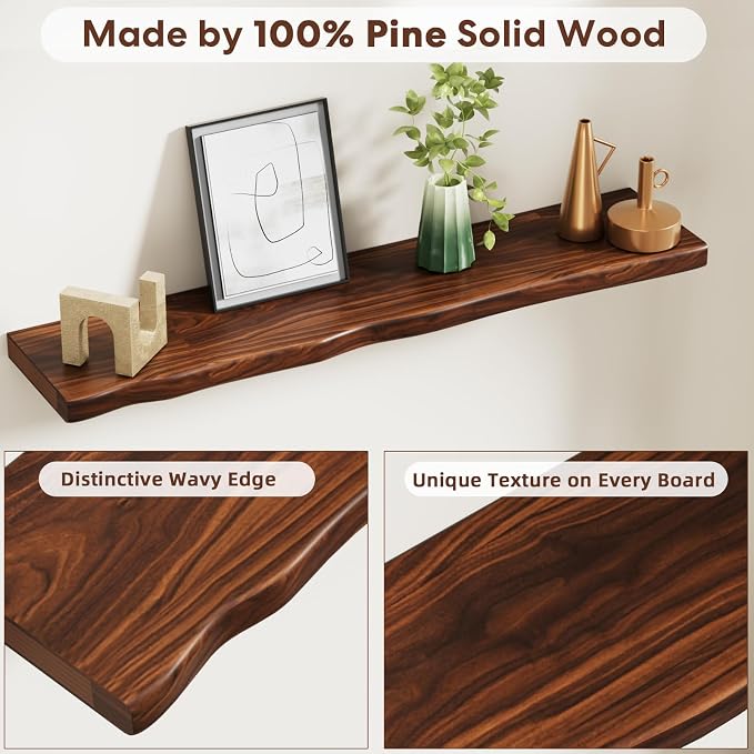 Solid Wood Live Edge Floating Shelves Set of 2 – 36" Rustic Wall Shelf with Hidden Bracket System, Wall Mounted Shelves for Bathroom, Kitchen, Living Room, Bedroom (Walnut)