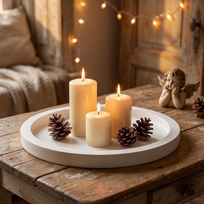 Candle Plate Holder Round Wooden Decorative Tray for Coffee Dinner Table Centerpiece Rustic Farmhouse Wood Trays Kitchen Counter White Living Room Home Decor for Bathroom Vanity Accessories Tray