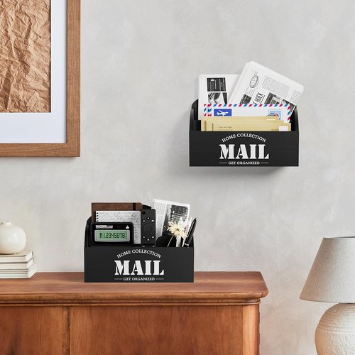 Mail Organizer | Skiennix 2-Slot Mail Holder - Stylish Black Wood Desk Sorter for Home Office