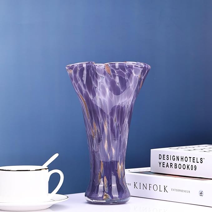 9.8" Tall Purple Hand Blown Glass Vases for Home Decor,Modern Wide Mouth Ruffle Flower Vase Table Centerpieces,Colored Coastal Sea Glass Art for Bookshelf,Bathroom,Counterto,Wedding