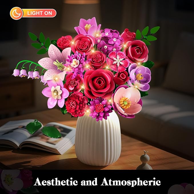 Flowers Bouquet Building Set with Light - 21 Rose Red Botanical Collection Building Block Set for Adults, 832 PCS Flower Plant Kit for Home Decor, for Her Women Girls Kids 12+