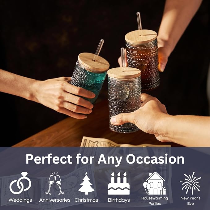 Vintage Art Deco Colorful Highball Beaded Glasses - Comes with 6X Glass Straws & Wooden Lid - Muted Embossed Cocktail, 6 Set - Gift-Ready Highballs - Unique Colored Glassware Home Bar & Kitchen Gift