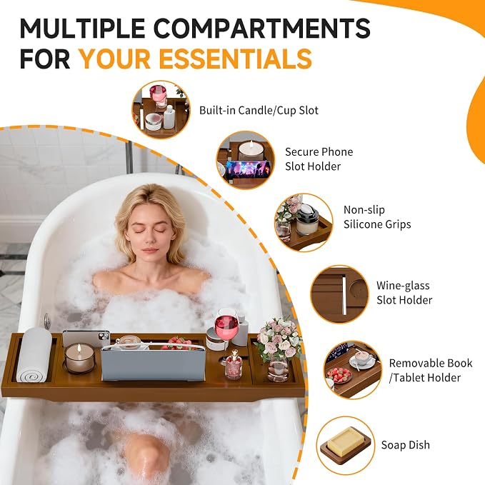 Foldable Bathtub Caddy Tray, Bamboo Bath Tub Tray Table for Tub with Wine Glass Holder Book Phone Tablet Holder with Extending Sides, Adjustable Bathroom Bathtub Free Soap Holder Gift Idea (Walnut)
