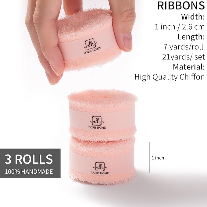 DORIS HOME Blush Pink Chiffon Ribbon for Flower Bouquet, 1" x21Yd Fabric Ribbon for Gift Wrapping, Handmade Frayed Ribbon for Wedding Invitations/Christmas Decorations