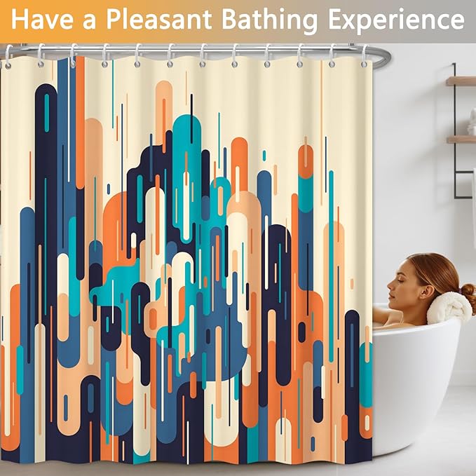 Mid Century Modern Shower Curtain, Retro Abstract Geometric Colorful Art Shower Curtains for Bathroom with Hooks, Waterproof Polyester Fabric Shower Curtain Set, Weighted Hem, 72x72 Inches