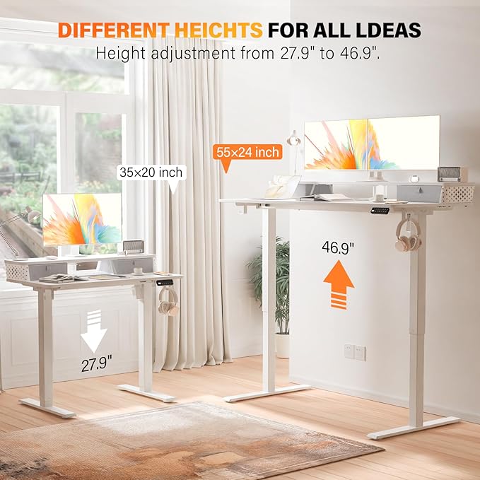 Electric Standing Desk with 2 Drawers 55''x 24'' Adjustable Height Sit to Stand Up Desk with Storage Shelf, C-Clamp Mount Compatible White Home Office Desks Computer Gaming Table Ergonomic Workstation