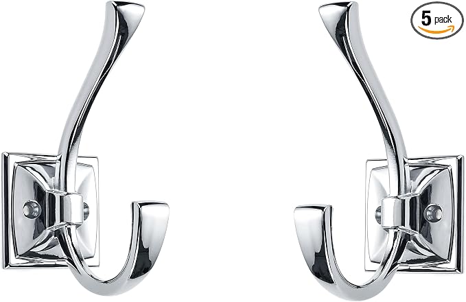 Large Wall Hooks 5 Pack Polished Chrome Coat Hardware for Hanging 4.35 Inch Double Robe Wall Mounted With Screws for Key, Towel, Bags, Cup, Hat