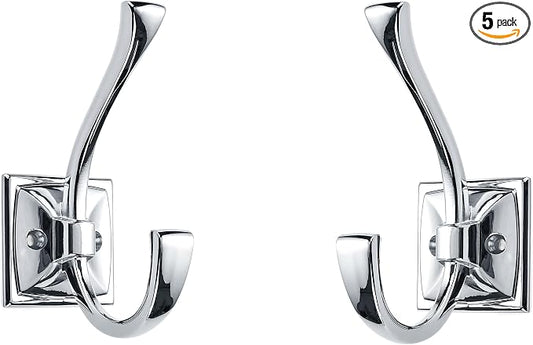 Large Wall Hooks 5 Pack Polished Chrome Coat Hardware for Hanging 4.35 Inch Double Robe Wall Mounted With Screws for Key, Towel, Bags, Cup, Hat
