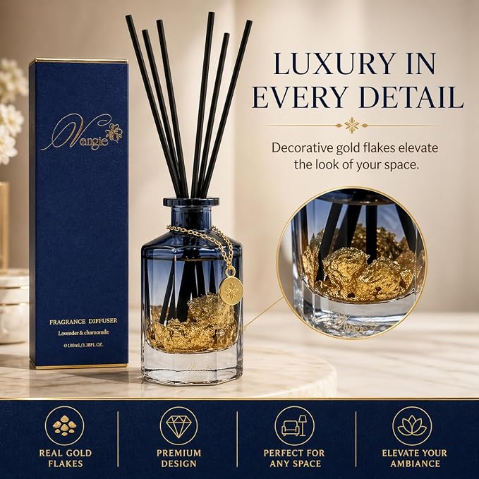 VANGIE Luxury Reed Diffuser for Home | Lavender & Chamomile Calming Scent | Floating Gold Leaf Glass Bottle | Long-Lasting Aroma | Vegan | Bedroom, Bathroom & Relaxing Spaces