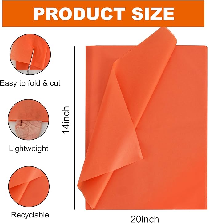 BEISHIDA 100 Sheets Orange Tissue Paper Bulk, Wrapping Tissue Paper for Gift Bags, 14 x 20 Inch Gift Wrap for Halloween Thanksgiving Fall Graduation DIY Crafts Holiday Flowers