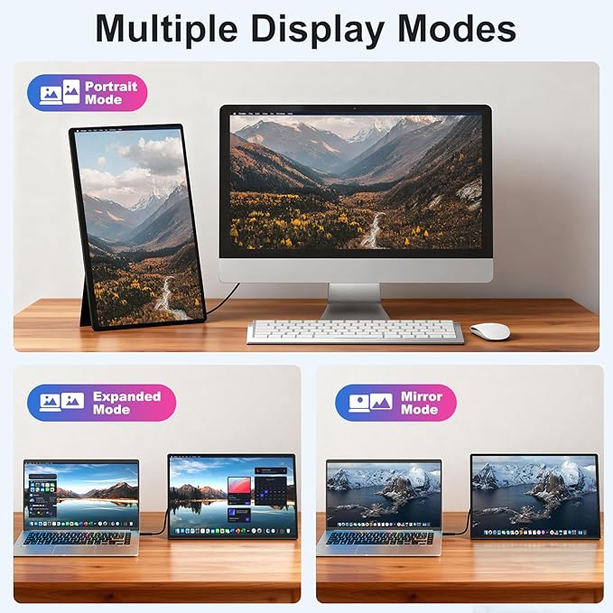 Portable Monitor 16" 1200P FHD Laptop Screen Extender, Horizontal Vertical Monitors with Detachable Kickstand, Built-in Speakers, Plug & Play Computer Gaming Travel Monitor for Wins Mac Chrome Phone