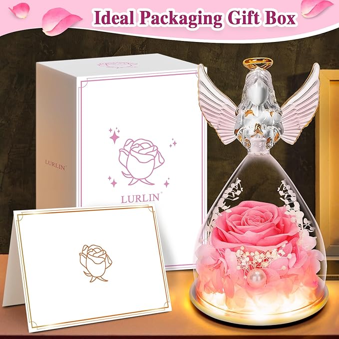 LURLIN Birthday Rose Gifts for Women - Preserved Flowers, Glass Angel Figurines with LED Forever Rose for Mom, Grandma, Wife, Friend, Teacher, Nurse, Anniversary Day Girls Gift