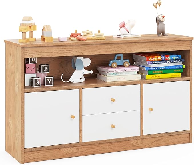 HONEY JOY Kids Toy Storage Organizer, Wooden Floor Storage Cabinet Toy Chest w/Open Shelf, 2 Drawers & 2 Cubbies, Kids Display Bookshelf for Classroom, Playroom & Nursery, Kindergarten (Natural)