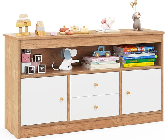 HONEY JOY Kids Toy Storage Organizer, Wooden Floor Storage Cabinet Toy Chest w/Open Shelf, 2 Drawers & 2 Cubbies, Kids Display Bookshelf for Classroom, Playroom & Nursery, Kindergarten (Natural)