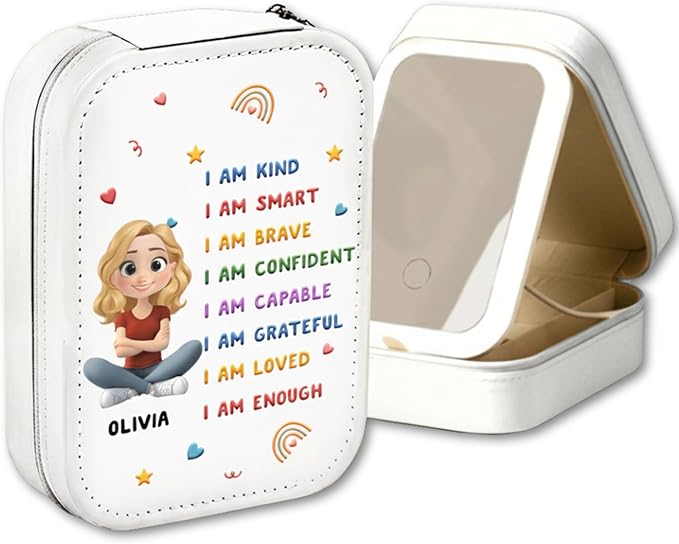 Wrappiness Girls & Women Lovely Makeup Box With LED Mirror - Personalized Jewelry Box Organizer Portable Ideal for Travel, Gift for Daughters Sisters Friends (Kind Smart Loved, Women)