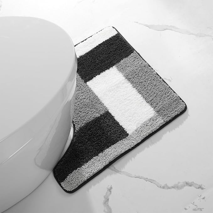 U Shape Checkered Bath Mat - Super Absorbent, Soft and Thick, Rubber Backing Non-Slip, Machine Washable Shower Rug, Bath Mat, Bathroom Home Decor Accessories, 20"x22" (50x55cm), Black