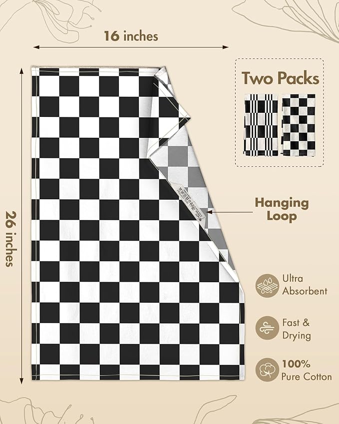 Miss Adola 2 Pack Flour Sack Kitchen Towels - 16x26 Inch Black and White Cotton Dish Towels with Hanging Loop Reusable Modern Tea Towel Absorbent Dishcloths Home Decor, Checkered