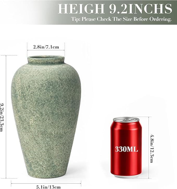 Ceramic Flower Vase Home Decor - 9.2 inch Large Farmhouse Table Vases, Rustic Decorative Vases for Kitchen Living Room Coffee Dining ShelfMantel Decoration