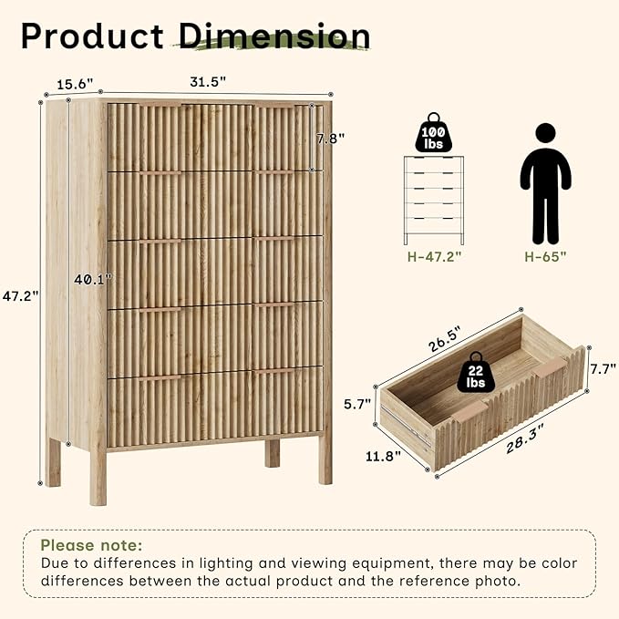 47" Tall Dressers for Bedroom Fluted 5 Drawer Dresser, Wooden Dresser Modern Chest of Drawers Dressers with Organizer Storage for Bedroom, Living Room, Entryway, Oak
