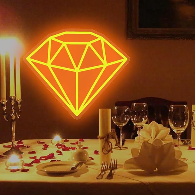 Diamond Neon Sign for Wall Decoration, Glowing Neon Sign, Adjustable Brightness Shining LED Sign Night Light for Man Cave Bedroom, Wedding, Living Room, Party, Bar, Office Decoration-Gold