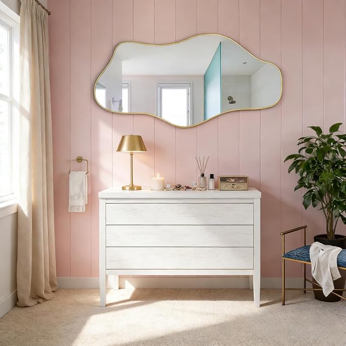 Irregular Wall Mirror, 47.2"x24" Gold Asymmetrical Tempered Glass Mirror, Frameless Organic Shaped Mirrors for Entryway Bedroom Living Room Bathroom, Horizontal or Vertical Hanging
