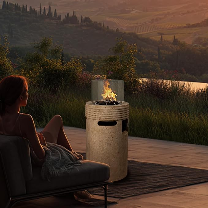 Outdoor Propane Fire Pit, 16" Propane Fire Column Patio Gas Fire Pit 50,000 BTU for Outside with Lava Rocks