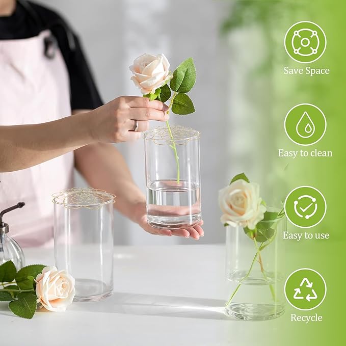 Flower Arrangement Holder Set 3Pcs - Stainless Steel Floral Grid Organizer - Wire Frog Insert for Vases Bouquets DIY Home Decor (Gold)