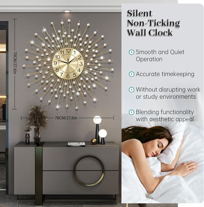 Extra Large Wall Clocks for Living Room Big Modern Wall Clock Silent Battery Operated Non-Ticking for Bedroom Office Kitchen Home 28 Inch Gold Clock Crystal Home Decorative