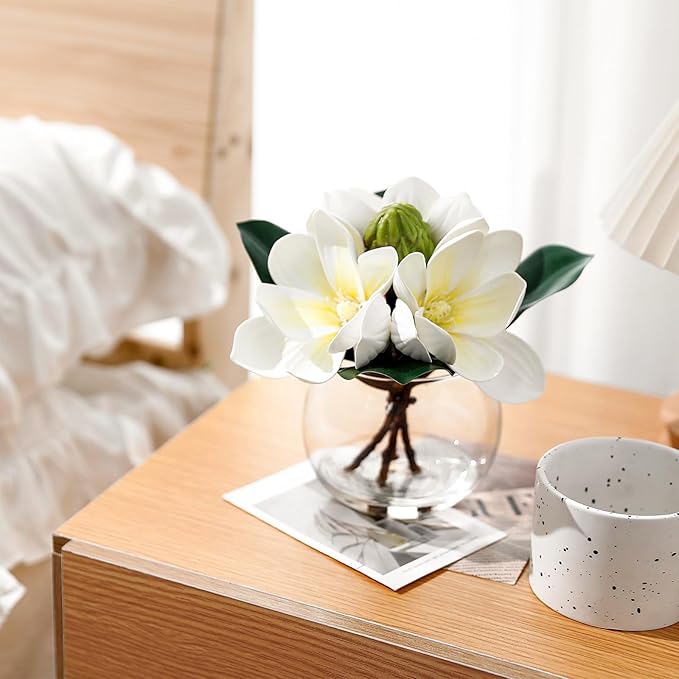 Artificial White Magnolia Flowers in Glass Vase with Faux Water, Real Touch Silk Magnolia Floral Arrangement, Fake Magnolia Centerpiece for Home Dining Table Office Bathroom Shelf Decoration
