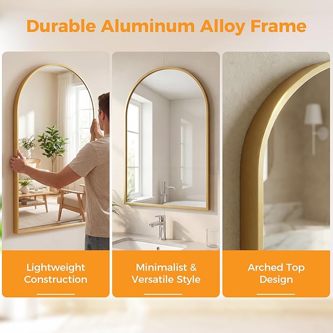 Arched Gold Bathroom Mirrors for Wall, 24x36-Inch Wall Mirror for Over Sink, Vanity Mirror with Matte Metal Frame and HD Shatter-Proof Glass for Entryway, Living Room, Bedroom
