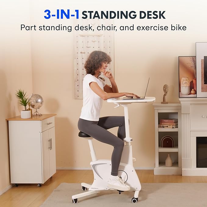 FLEXISPOT 3-in-1 Small Standing Desk with Wheels Exercise Bike Small Computer Desk for Laptop, Adjustable Height,2D Desktop,8-Level Resistance, Home Office Desks Workstation for Corner, White