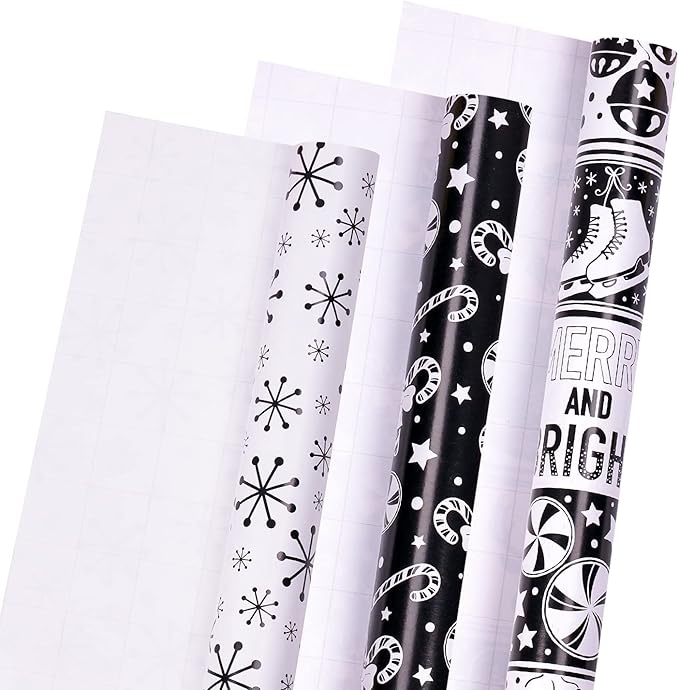 LeZakaa Christmas Wrapping Paper Mini Roll - Bell & Tree/Candy Canes/Snowflakes in Black & White for Gift Wrap, Arts Crafts - 17 x 120 inches - 3 Rolls (42.5 sq.ft.ttl.)