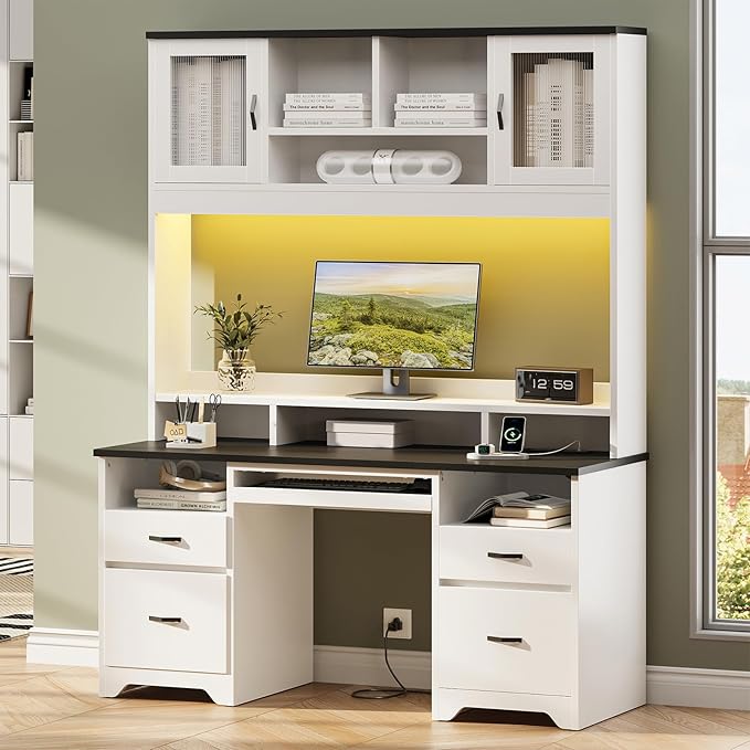 Bestier 77.8" H Executive Desk with Hutch, Modern Wood Computer Desk with Drawers, Charging Station, LED Light, Fluted Storage Cabinet, Keyboard Tray, 59" W Office Desk for Home Office, White