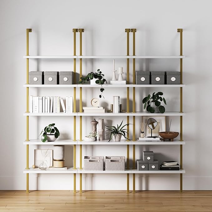 Nathan James Theo 5-Shelf Gold, Ladder Bookcase with Gold/Brass Metal Frame, White, Set of 3