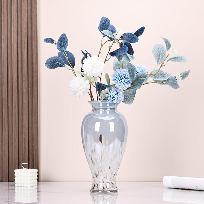 11.8" Tall Blue and White Glass Vase Beautiful Hand Blown Glass Vase Modern Art Home Decor, Wide Mouth Colorful Vases for Mantle Dining Table Centerpiece, Entryway Living Room Wedding Decoration
