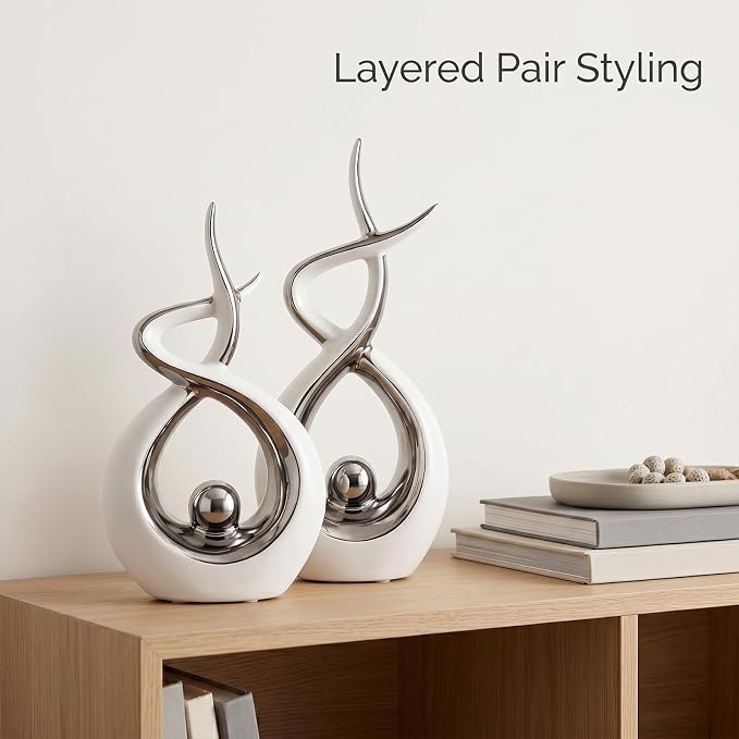 LCCCK White and Silver Abstract Table Decor, Abstract Sculptures Home Decor, Ceramic Sculpture Set of 2 with Electroplated Finish, Modern Tabletop Statues for Dining Table or Shelf