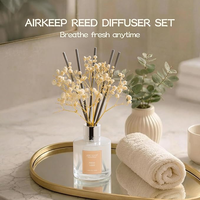 Airkeep Reed Diffuser Set,3.38 fl oz (100 ml) - Fresh Linen Oil Diffusers with 8 Reed Sticks, Home Fragrance Reed Diffuser for Bathroom Shelf Decor