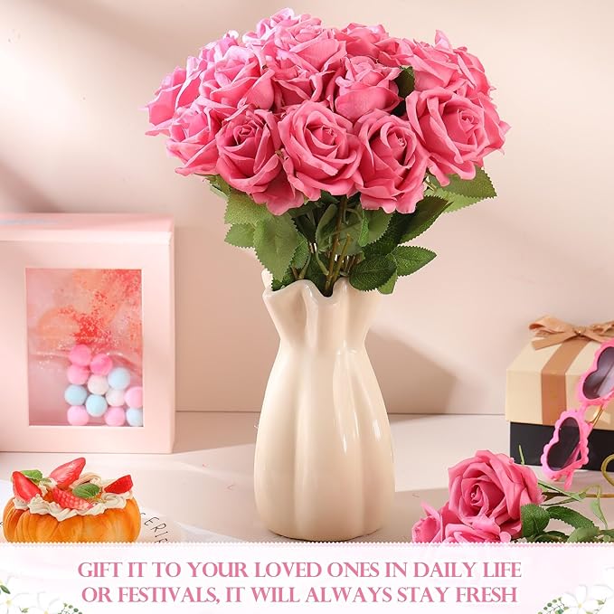Jexine 50 Pcs Artificial Rose Flower Bulk Realistic Silk Fake Roses with Long Stem Plastic Artificial Flower Bouquet Real Looking for Home Wedding Centerpieces Party Decoration(Dark Pink Champagne)