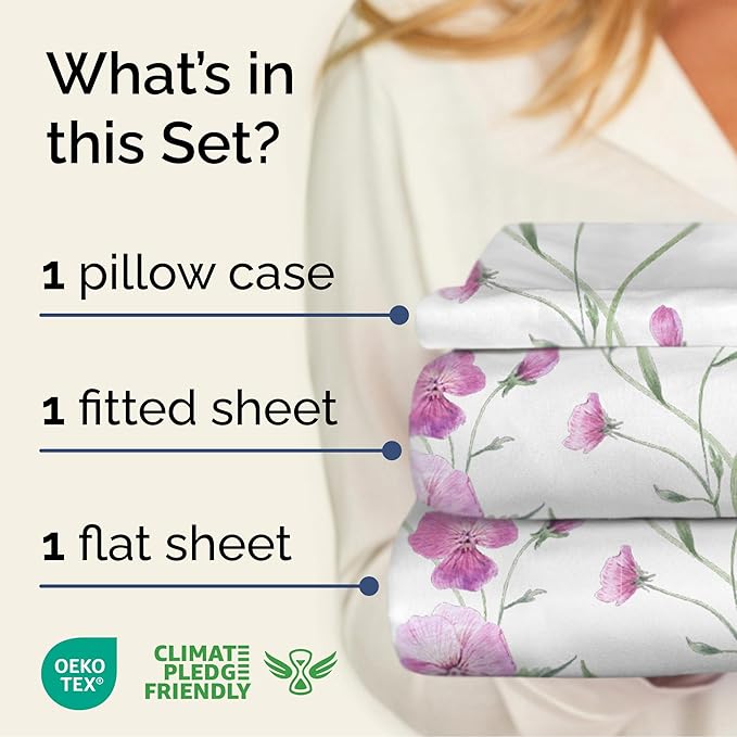 Floral Sheets - Pink Floral Bed Sheet Set - 1 Flat, 1 Fitted & 1 Pillowcase w/ Deep Pockets - Comfy, Wrinkle & Fade Free - Boho Botanical Bedding - Ultra-Soft, Breathable and Cooling - Twin Size Set