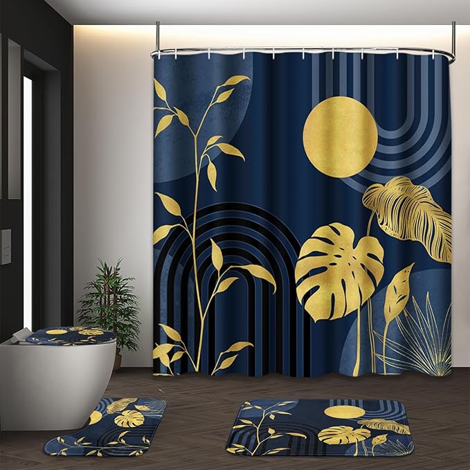 Boho Blue Shower Curtain Set with Toilet Lid Cover and Non-Slip Rugs, Abstract Gold Modern Tropical 4 Pcs Modern Minimalist Vintage Shower Curtain for Bathroom Set with 12 Hooks