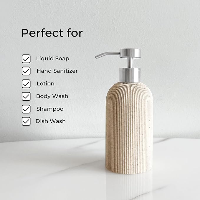 Lunestella Sand Beige Hand Soap Dispenser with Stainless Steel Pump, for Bathroom and Kitchen, Luxury Farmhouse, Boho & Zen Style, Sandstone Finish, Rust Proof, 7oz