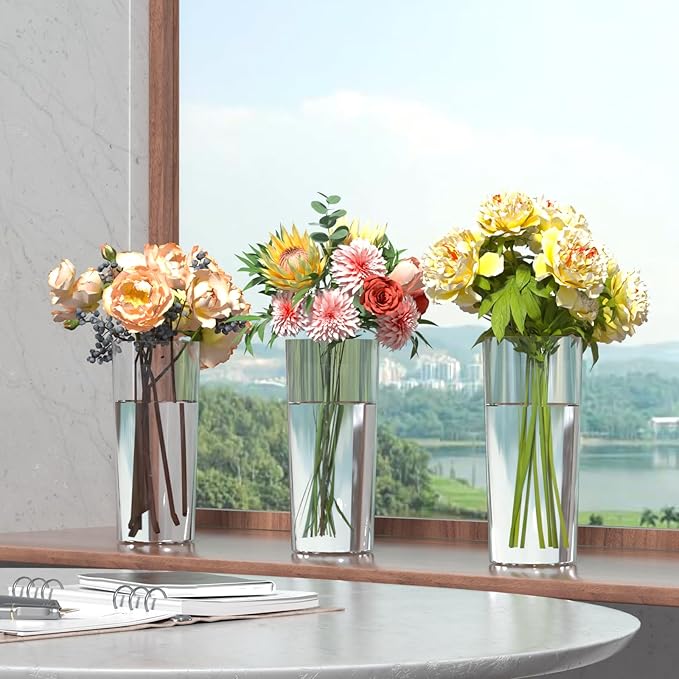 Sadstory Clear Tall Cylinder Flower Vase, Clear Acrylic Table Vase for Centerpieces, 6 Packs