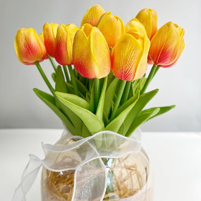 20 Pcs 13” Real Touch Orange Tulips Artificial Flowers, Latex Pu Fake Faux Lifelike Flowers with Stems, for Wedding Bouquet Christmas Fall Home Decor